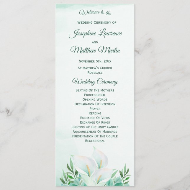 White Calla Lily Programmes de mariage (Devant)