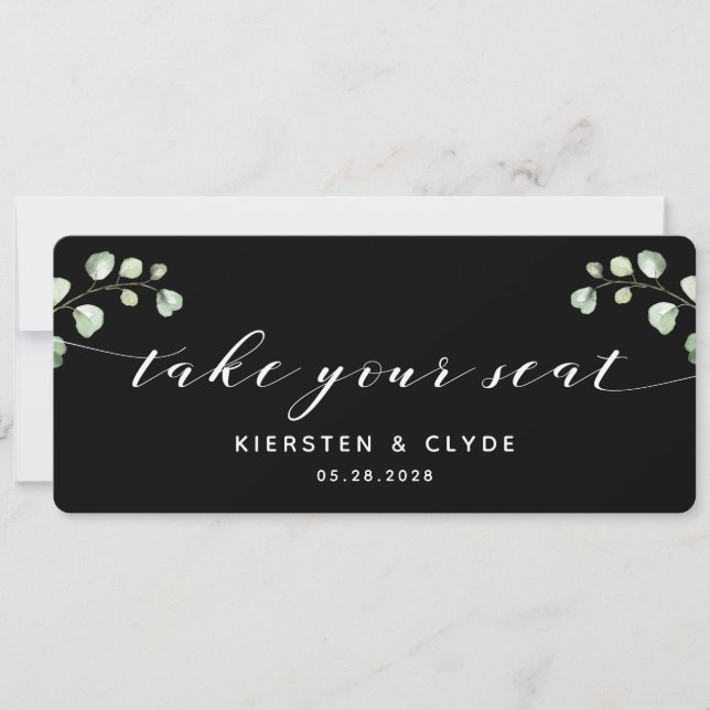 White Calligraphy Greenery Take Your Seat Top Card (Front)