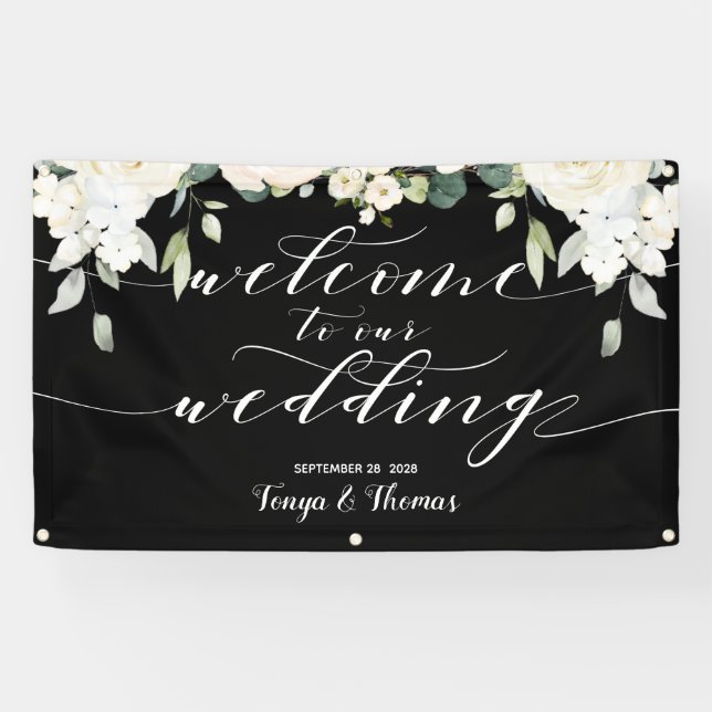 White Calligraphy Peony Black Welcome Our Wedding Banner (Horizontal)