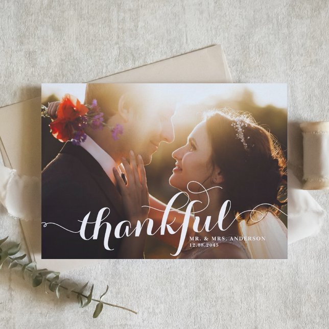 White Calligraphy Script Photo Wedding Thank You Card (Creator Uploaded)
