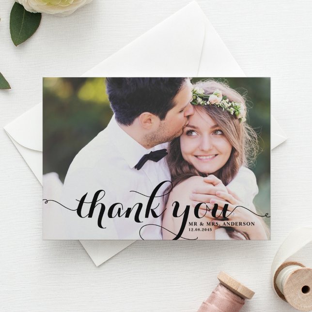 White Calligraphy Script Photo Wedding Thank You Card (Creator Uploaded)