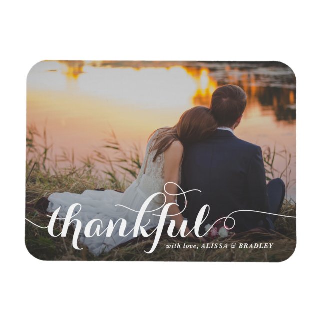 White Calligraphy Script Thankful Photo Wedding Magnet (Horizontal)