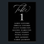 White Calligraphy Seating Chart Black Table Number<br><div class="desc">Elegant white calligraphy "table",  with guest names listed and table number,  wedding table number seating chart card. Background colour shown in black,  can be customized.</div>