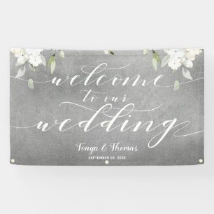 White Calligraphy Silver Floral Welcome Wedding Banner