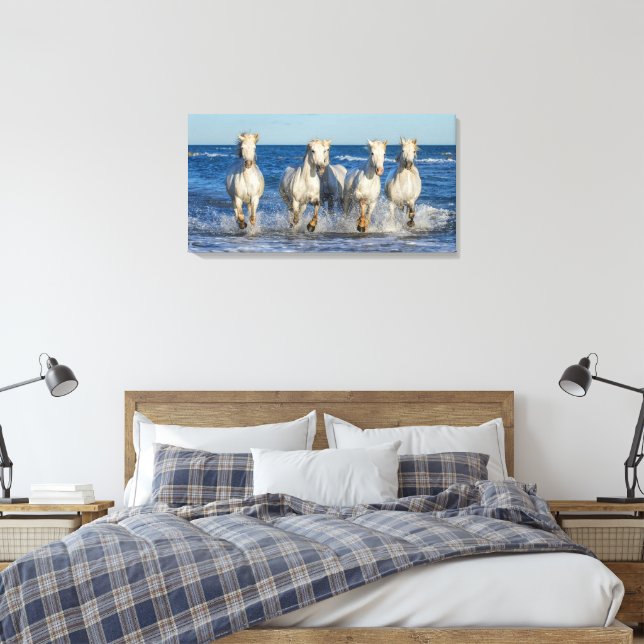 White Camarque Horses Gallop Through Waves    Canvas Print (Insitu(Bedroom))