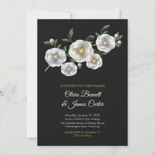 White Camellias Gold Branch Black Wedding Invite