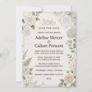 White Camellias, Roses, Hydrangeas, Eucalyptus, Fe Invitation