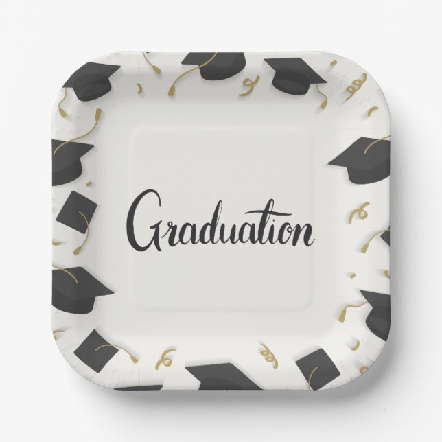 White Cap & Confetti Graduation Paper Plate (Front)