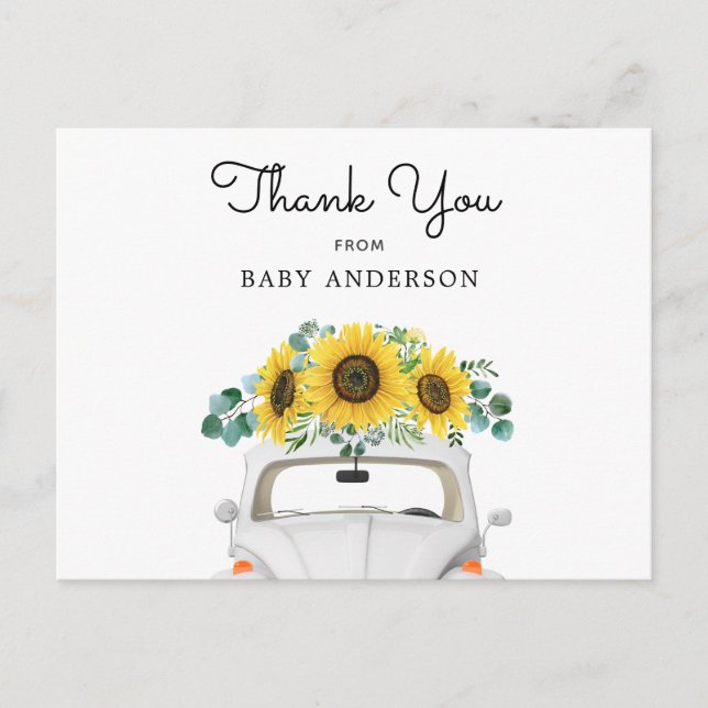 White Car and Sunflowers Thank You Postcard (Front)