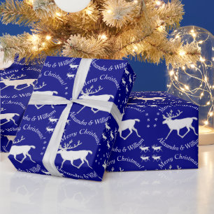 White Caribou Reindeer Christmas Custom Navy Blue Wrapping Paper