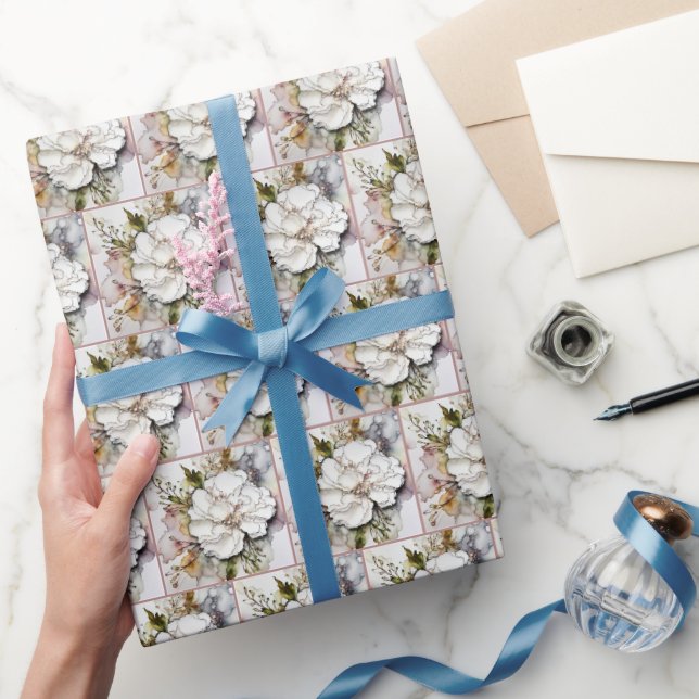 White Carnation Alcohol Ink Art Wrapping Paper (Gifting)