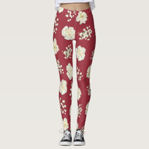White Carnation Flowers on Red Patterned Leggings