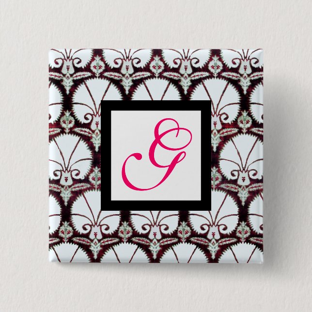 WHITE CARNATIONS DAMASK MONOGRAM pink fuchsia 2 Inch Square Button (Front)