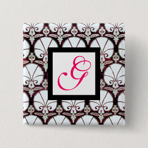 WHITE CARNATIONS DAMASK MONOGRAM pink fuchsia 2 Inch Square Button