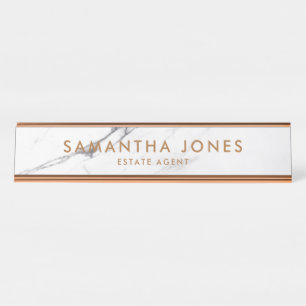 White Carrara Marble Copper Classic Personalised Desk Name Plate