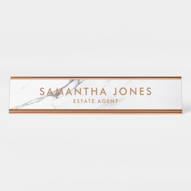 White Carrara Marble Copper Classic Personalized Desk Name Plate (Front)