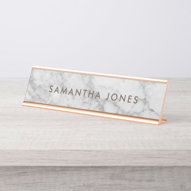 White Carrara Marble Gold Classic Personalised  Desk Name Plate (Front)