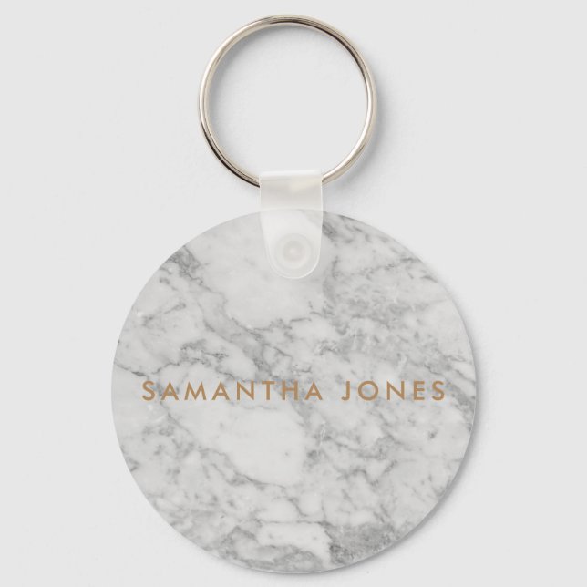 White Carrara Marble Gold Classic Personalized Keychain (Front)