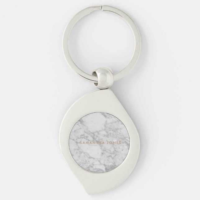 White Carrara Marble Gold Classic Personalized Keychain (Front)