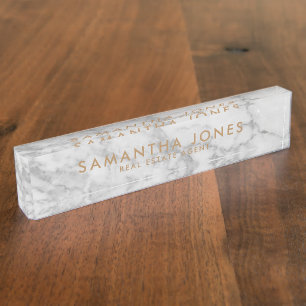 White Carrara Marble Gold Classic Personalized Nameplate