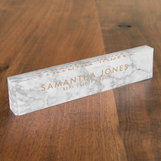 White Carrara Marble Gold Classic Personalized Nameplate (Side)