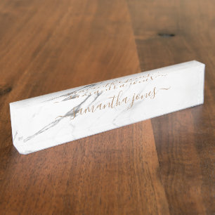 White Carrara Marble Gold Classic Personalized Nameplate