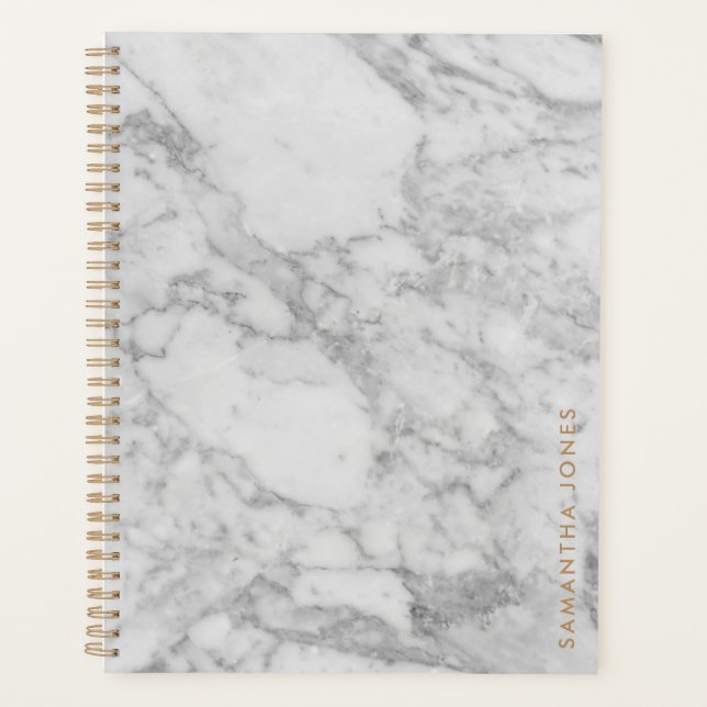 White Carrara Marble Gold Classic Personalized Planner (Front)