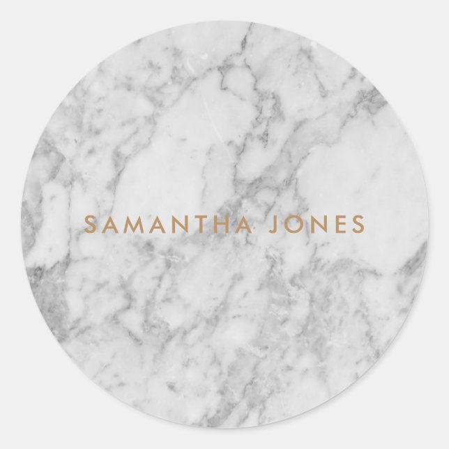 White Carrara Marble Gold Classic Personalized Round Sticker (Front)