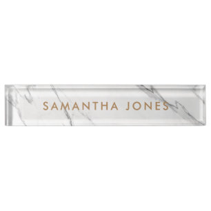White Carrara Marble Gold Personalized Executive Nameplate