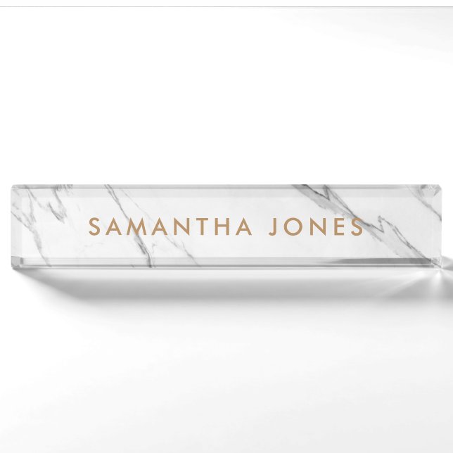 White Carrara Marble Gold Personalized Executive Nameplate (Front)