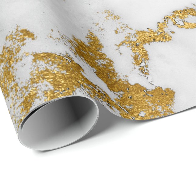 White Carrara Marble Grey Gold Glam Stone Wrapping Paper (Roll Corner)