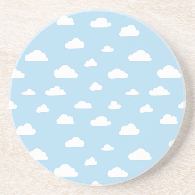 White Cartoon Clouds on Blue Background Pattern Coaster (Front)