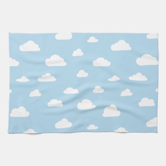 White Cartoon Clouds on Blue Background Pattern Kitchen Towel (Horizontal)