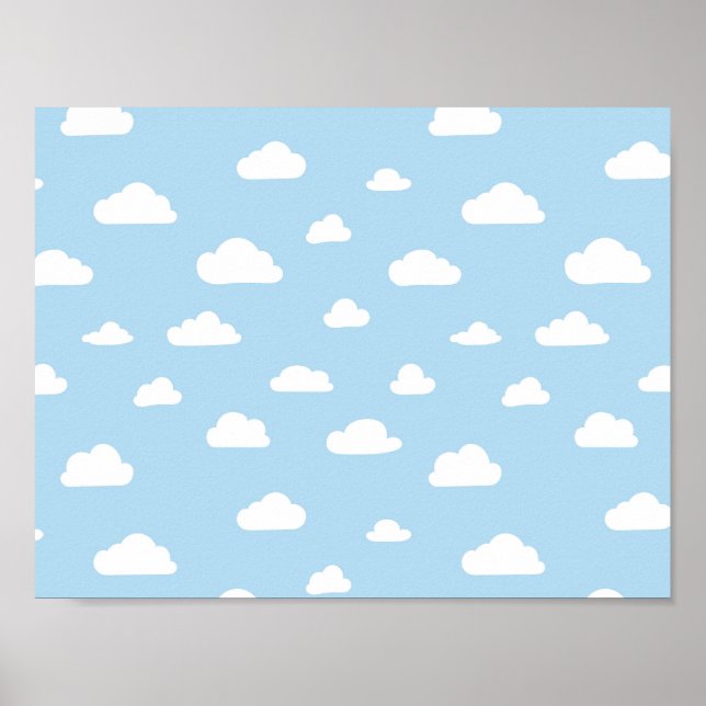 White Cartoon Clouds on Blue Background Pattern Poster (Front)