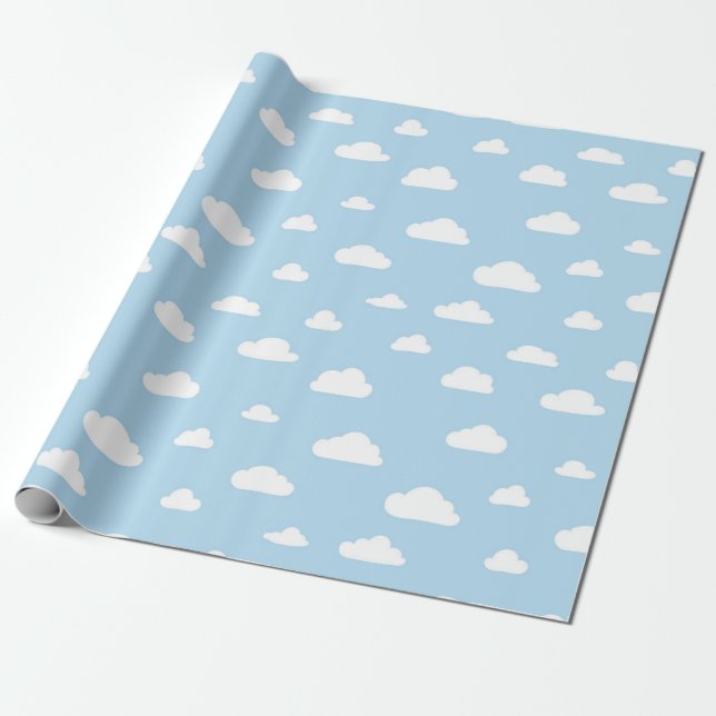 White Cartoon Clouds on Blue Background Pattern Wrapping Paper (Unrolled)