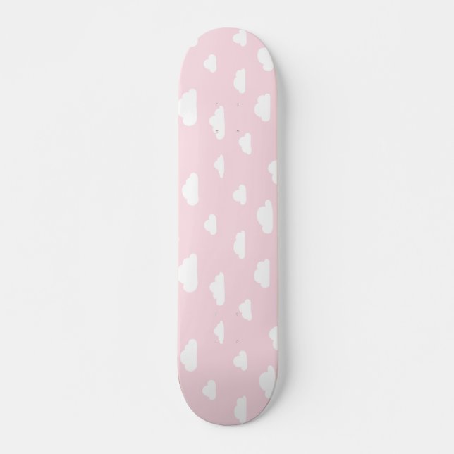 White Cartoon Clouds on Pink Background Pattern Skateboard (Front)