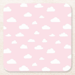 White Cartoon Clouds on Pink Background Pattern Square Paper Coaster