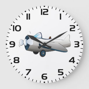 White Cartoon Propeller Plane Retro Style Vintage Large Clock