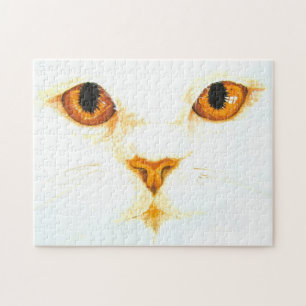 White Cat Amber Eyes Watercolour Art Print Jigsaw Puzzle