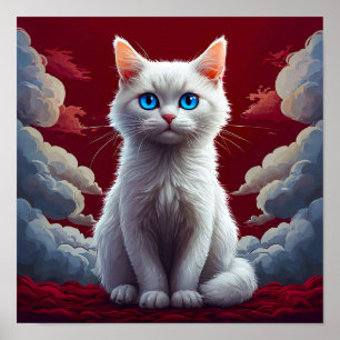 White Cat and Clouds Soft Aesthetic Animal Print