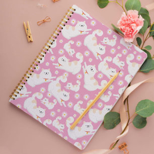  White Cat and flower Pattern pink  Notebook