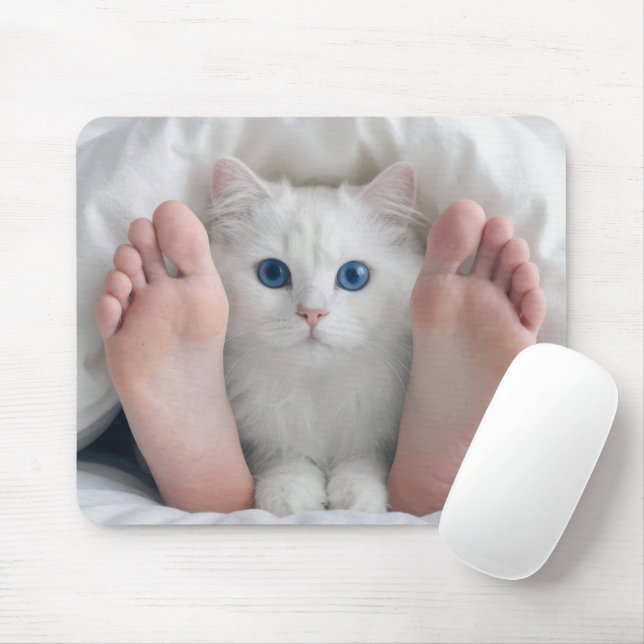 White Cat and Human Feet Under a Duvet Mouse Pad (With Mouse)