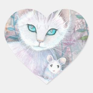 White Cat and Mouse Heart Stickers