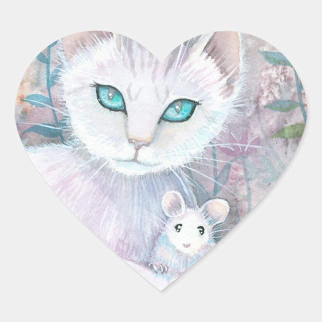 White Cat and Mouse Heart Stickers (Front)