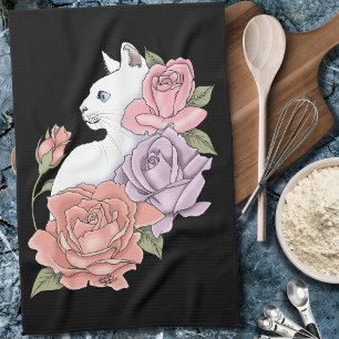 White Cat and Roses Kitchen Towel