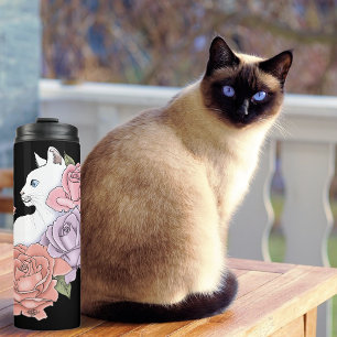 White cat and Roses Thermal Tumbler