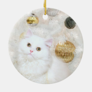 White cat and white Christmas tree Ceramic Ornament