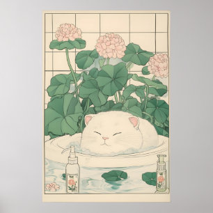 White Cat Bathtub Print, Ukiyo-e Japanese Art Poster