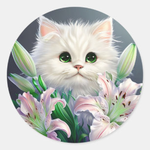 White Cat Behind Vibrant Lilies Classic Round Sticker