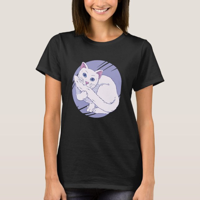 White Cat Bitting Tail Pet T-Shirt (Front)